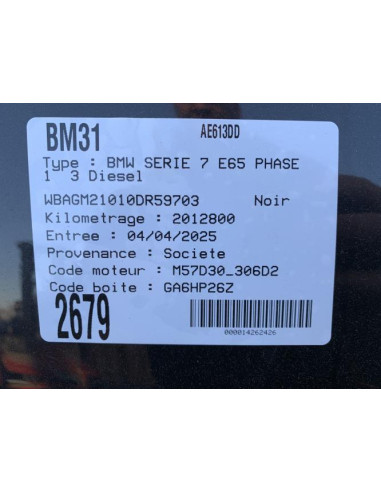 Pulseur d'air BMW SERIE 7 E65 PHASE 1 Diesel